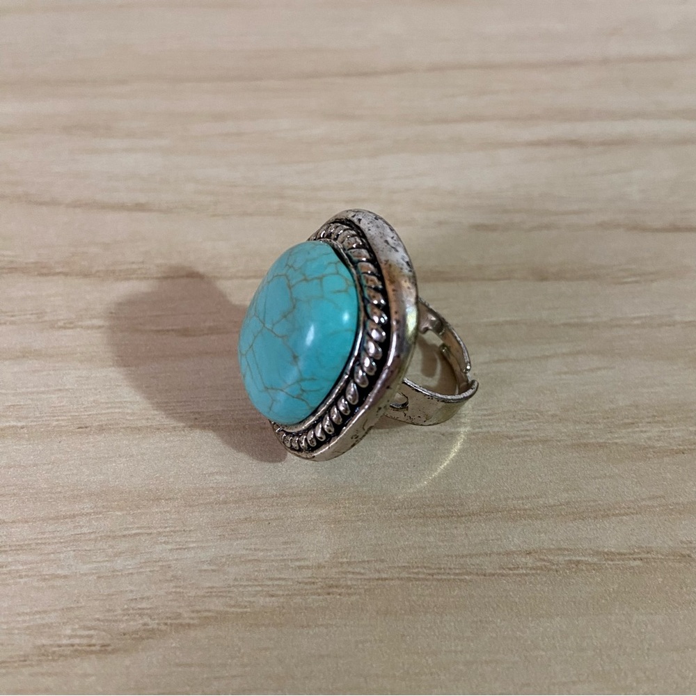 Turquoise Gemstone Silver Adjustable Ring No Mark… - image 1